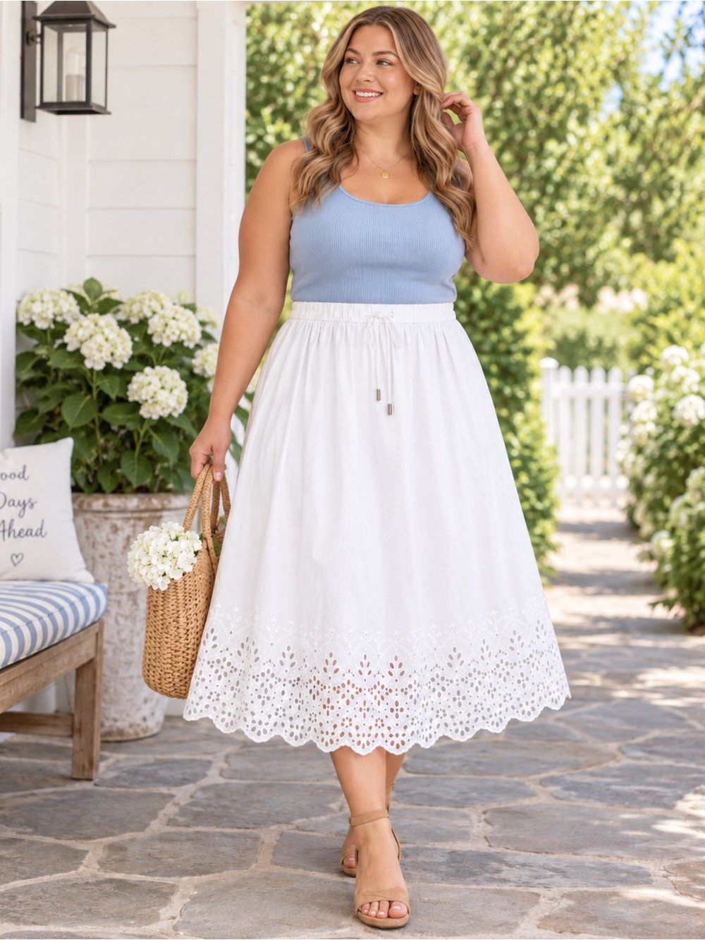 Vince Camuto 2X White 100% Cotton Eyelet Midi Skirt NWT Plus Size